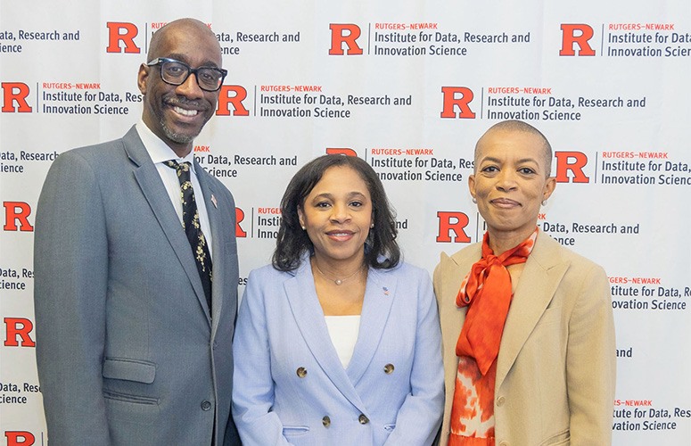 From left, Rutgers-Newark Interim Chancellor Jeffrey Robinson, New Jersey Lt. Governor Tahesha Way, and Fay Cobb Payton, Executive Director of the Institute for Data, Research and Innovation Science (IDRIS) at Rutgers-Newark. PHOTO CREDIT: Tamara Fleming